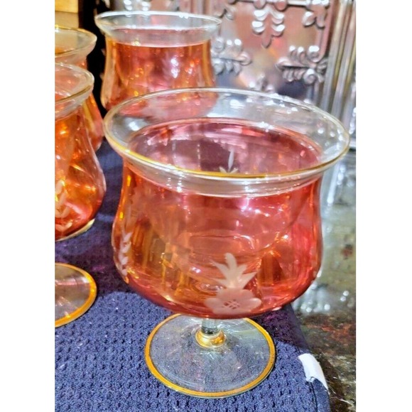 Shrimp Cocktail Chillers Set of 6 Rose Crystal Glasses w 22K Gold Trim & Etched - Picture 7 of 15